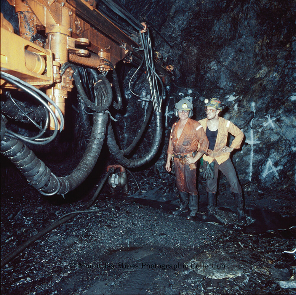 T62 Decline 3000 Orebody Tamrock jumbo drill in copper mine, Mount Isa Mines, January 1990