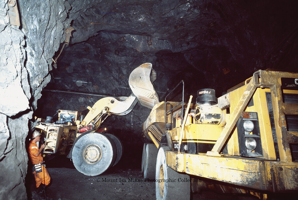 T62 Decline Elphinstone 2300 Loading D400 truck in copper mine, Mount Isa Mines, August 1989