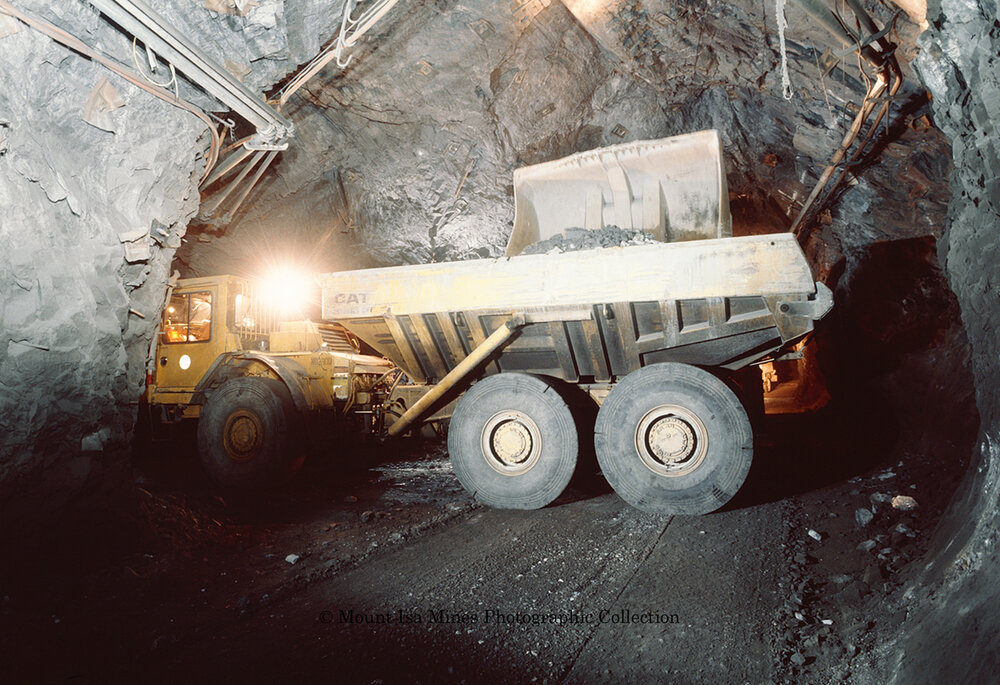 T62 Decline Elphinstone 2300 Loading D400 truck in copper mine, Mount Isa Mines, August 1989