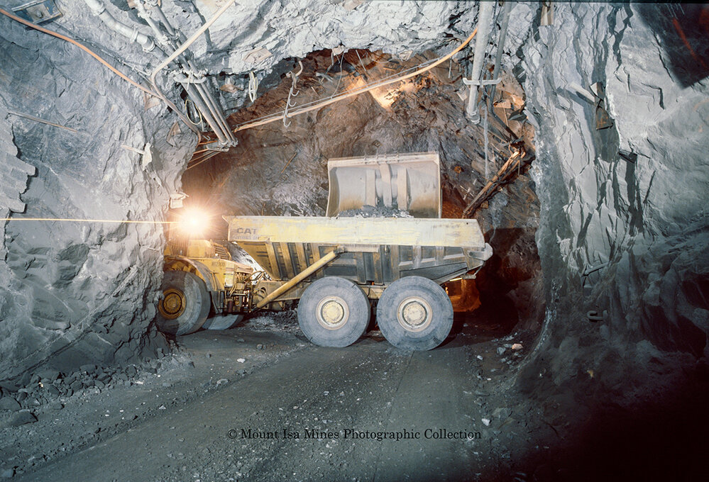 T62 Decline Elphinstone 2300 Loading D400 truck in copper mine, Mount Isa Mines, August 1989