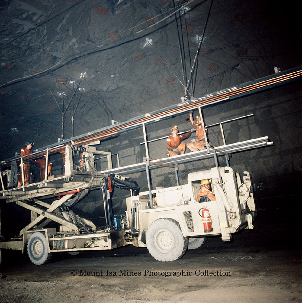 T62 Decline Getman cable stringer platform in copper mine, Mount Isa Mines, c.1989