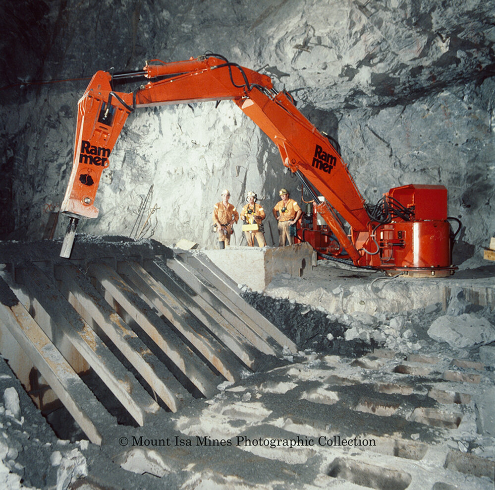 T62 Grizzly Rammer Rock Breaker in copper mine, Mount Isa Mines, November 1989