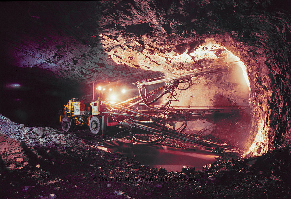 Timber Jack 3 Boom Jumbo Drill in copper mine, Mount Isa Mines, c.1987