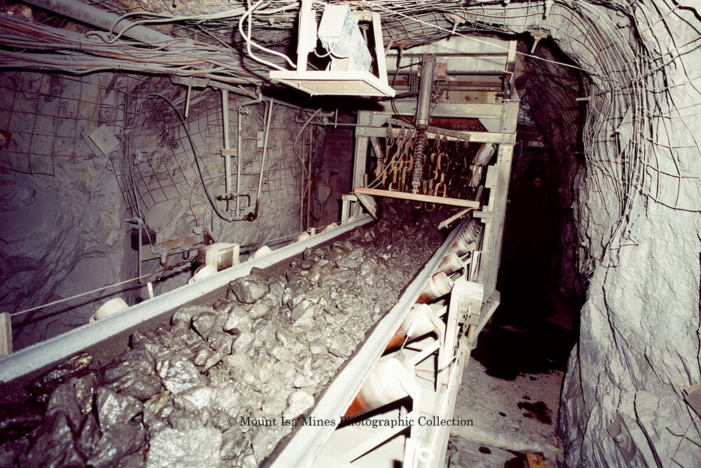 U62 21 Level Copper Ore Loading Station in copper mine, Mount Isa Mines, c.1987