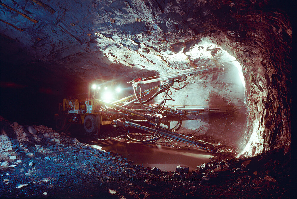 Timber Jack 3 Boom Jumbo Drill in copper mine, Mount Isa Mines, c.1987