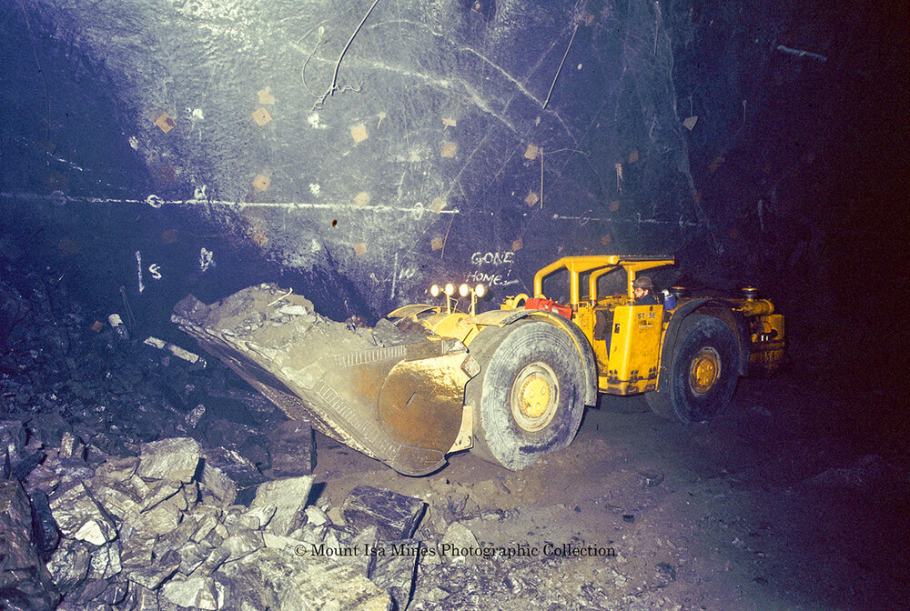 Underground loader Wagner ST-5E in copper mine, Mount Isa Mines, c.1987