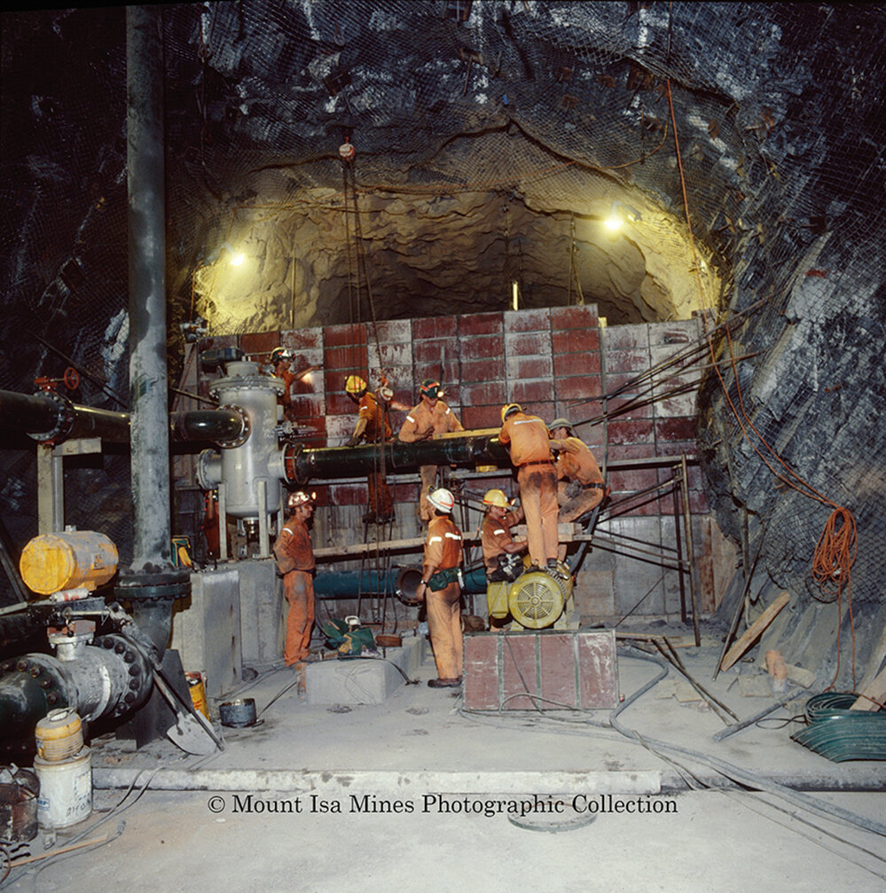 3000 Orebody hot water dam and pump station under construction in copper mine, Mount Isa Mines, January 1990