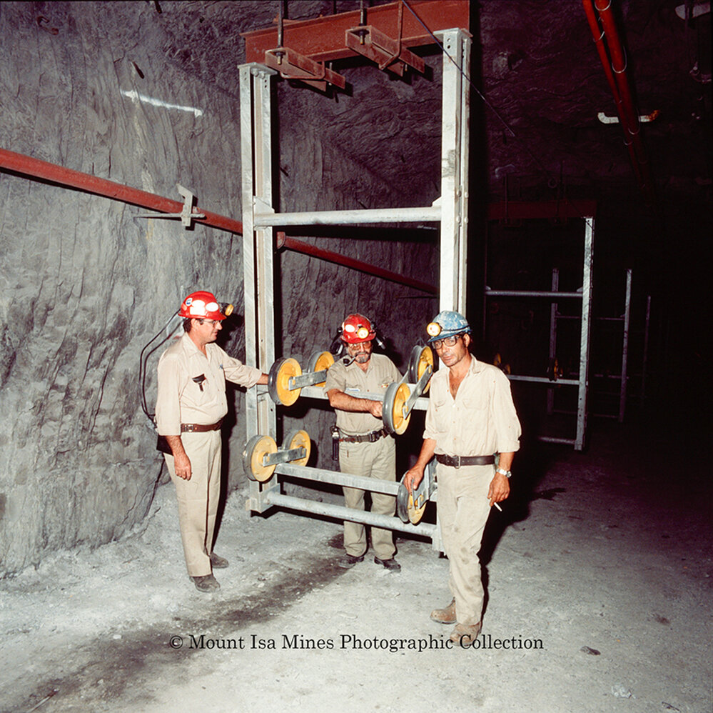 Cable belt conveyor under construction, Mount Isa Mines, c.1986