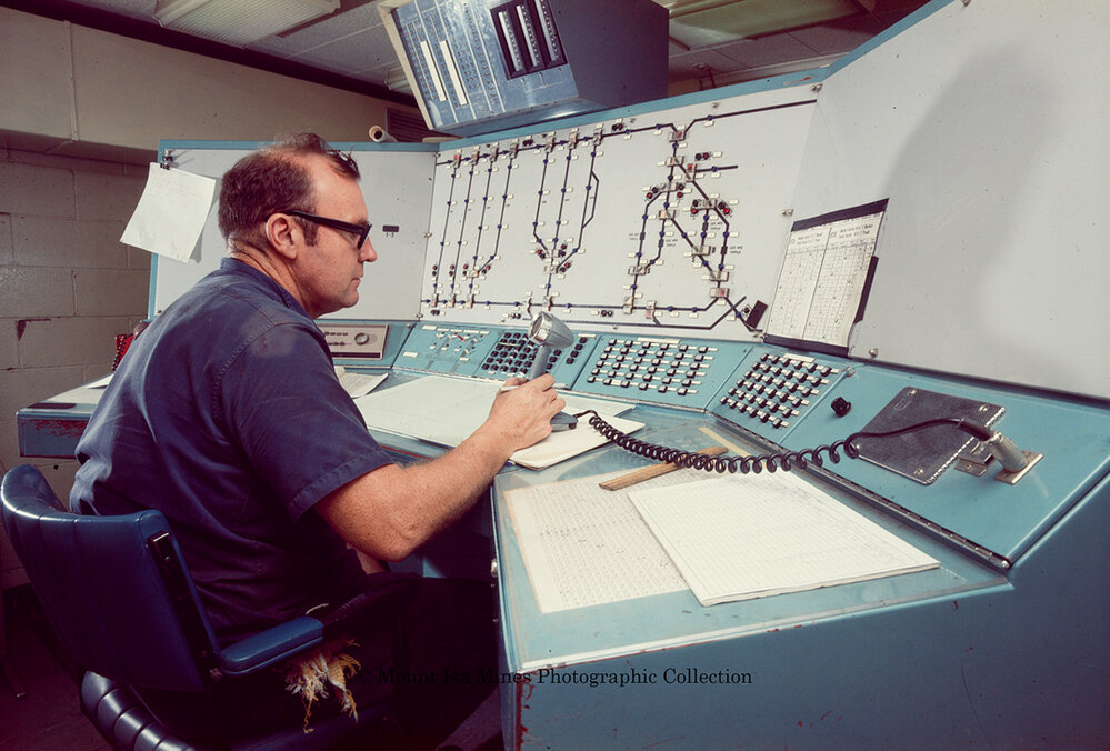 Underground haulage railway control room, Mount Isa Mines, c.1976
