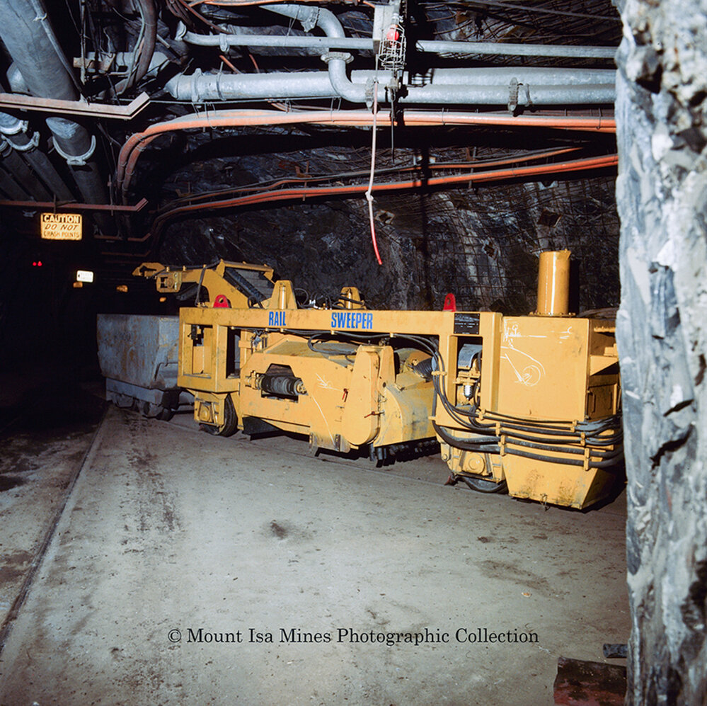 Underground haulage railway cleaning machine, Mount Isa Mines, c.1970s