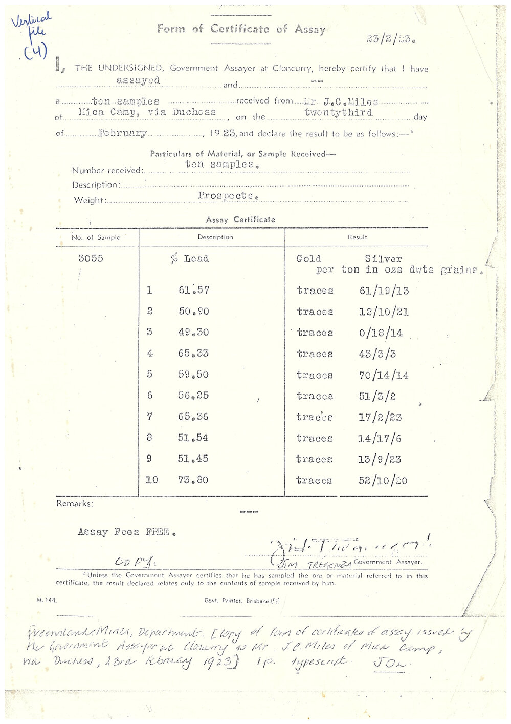 Form of certificate of assay, February 1923