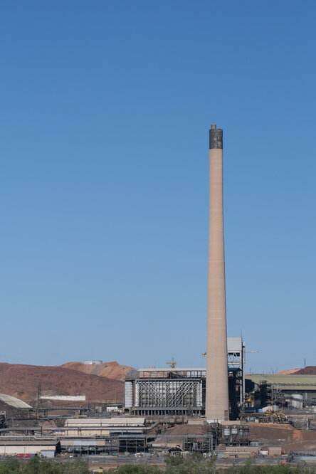 Lead smelter and stack, and copper crude ore bins, Mount Isa Mines, December 2021