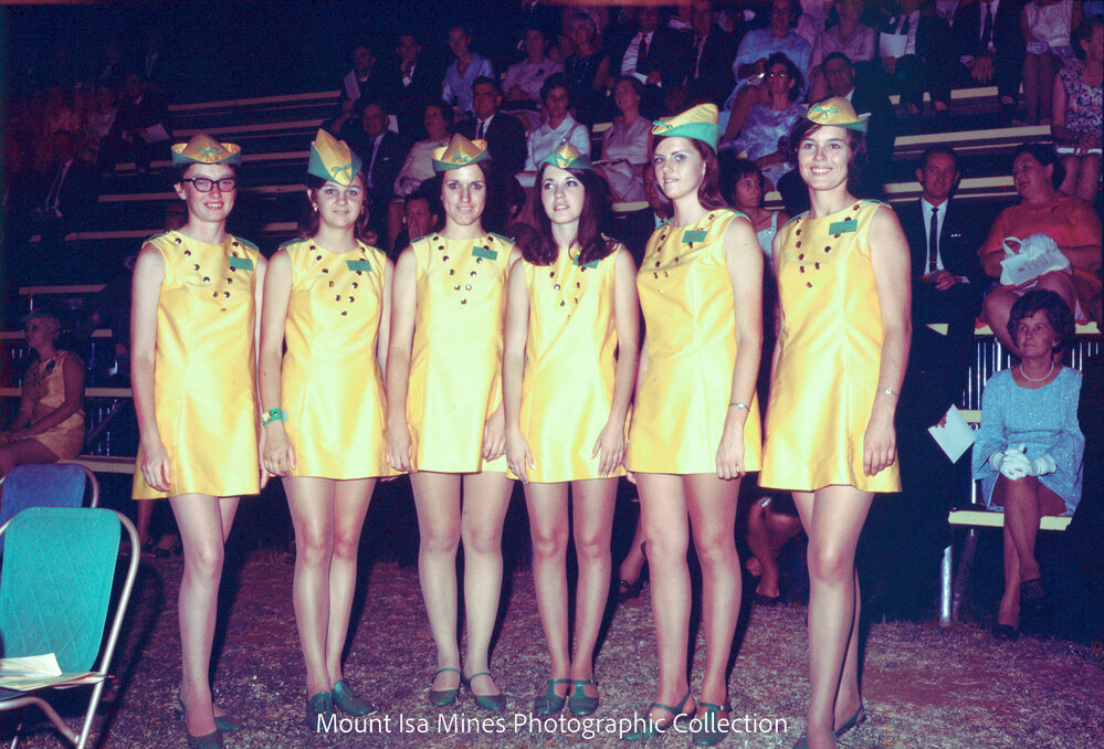 Royal visit civic ceremony hostesses, Kalkadoon Park, April 1970