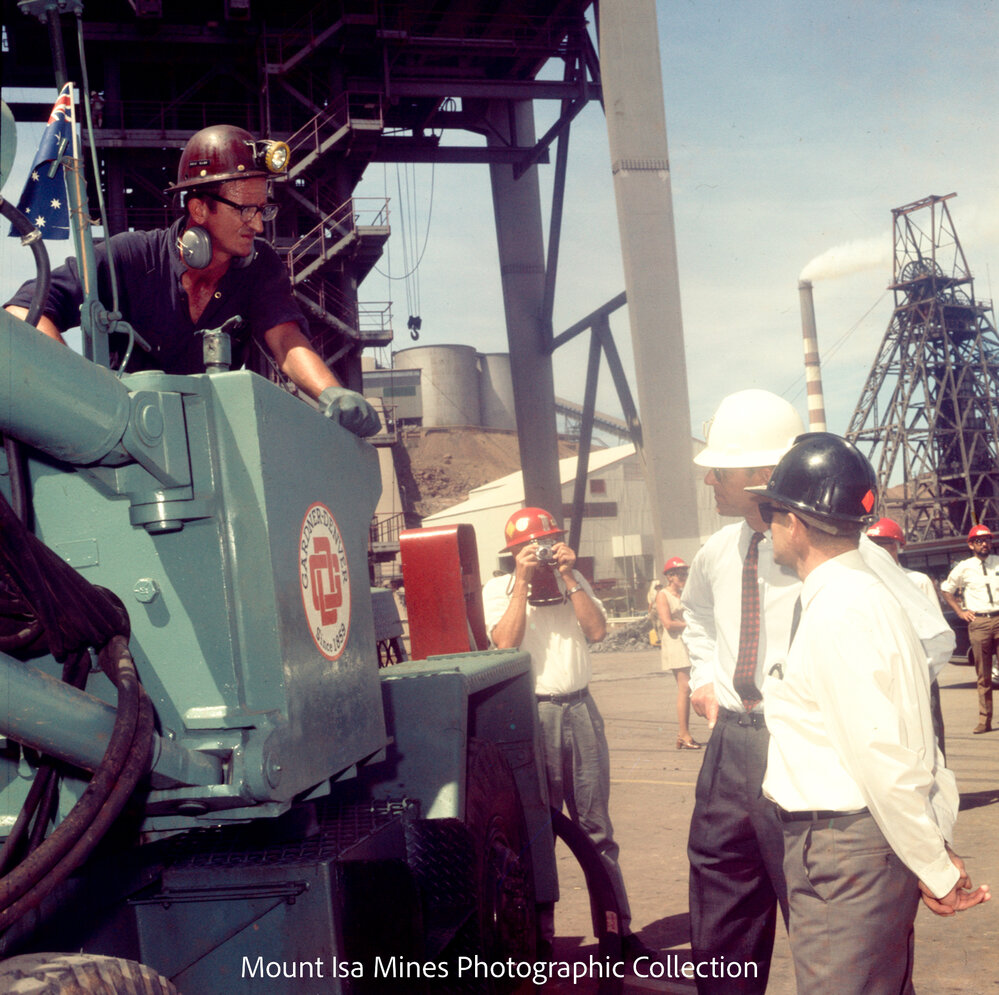 Prince Philip inspecting underground mining equipment at R62, Mount Isa Mines, April 1970