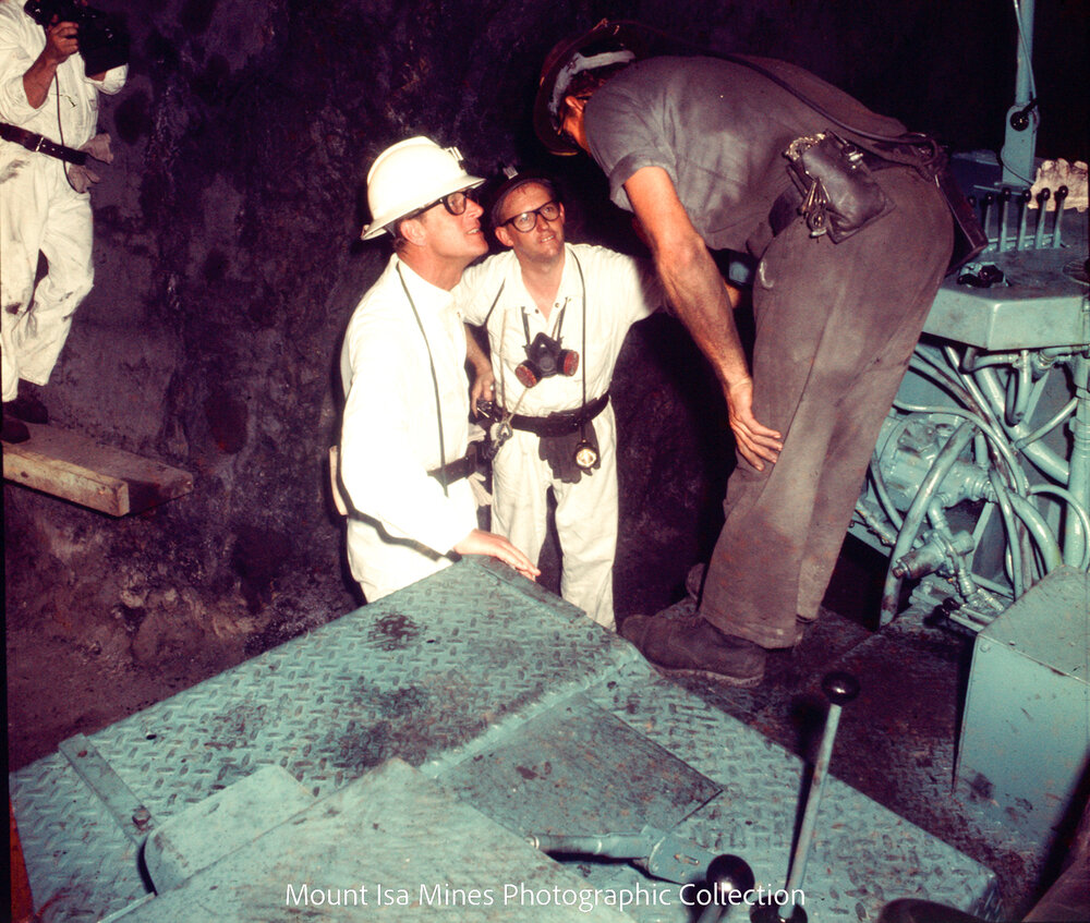 Prince Philip talks to miner, Mount Isa Mines, April 1970