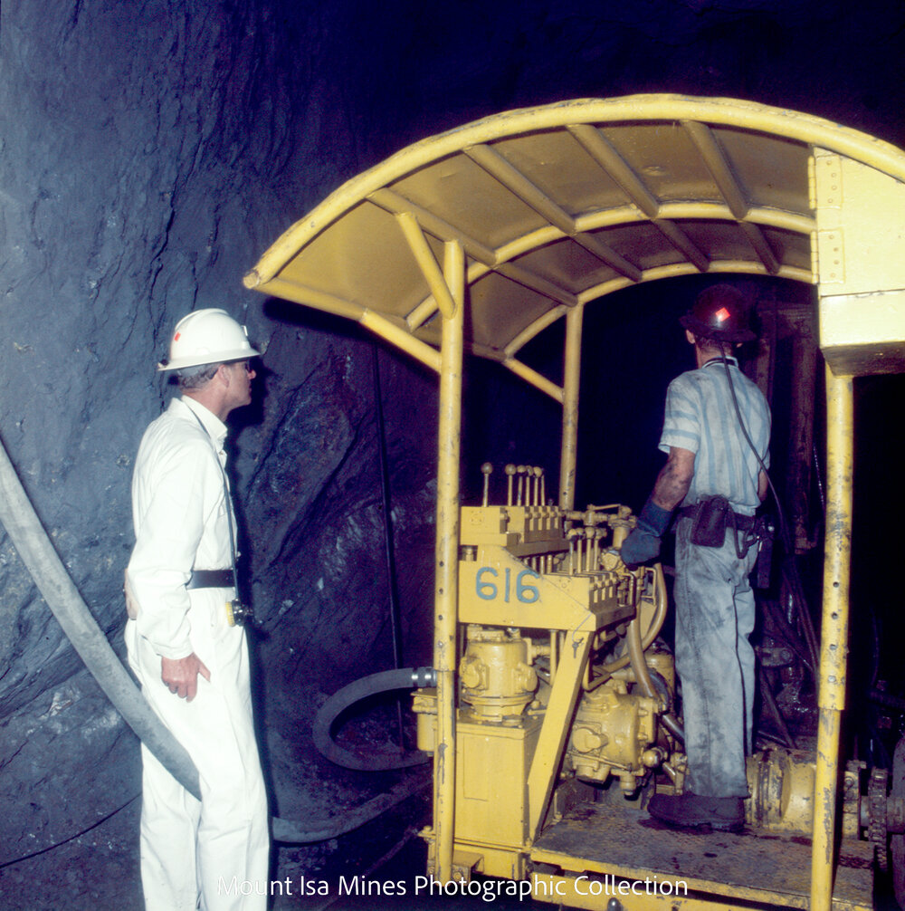 Prince Philip watches drill rig, Mount Isa Mines, April 1970