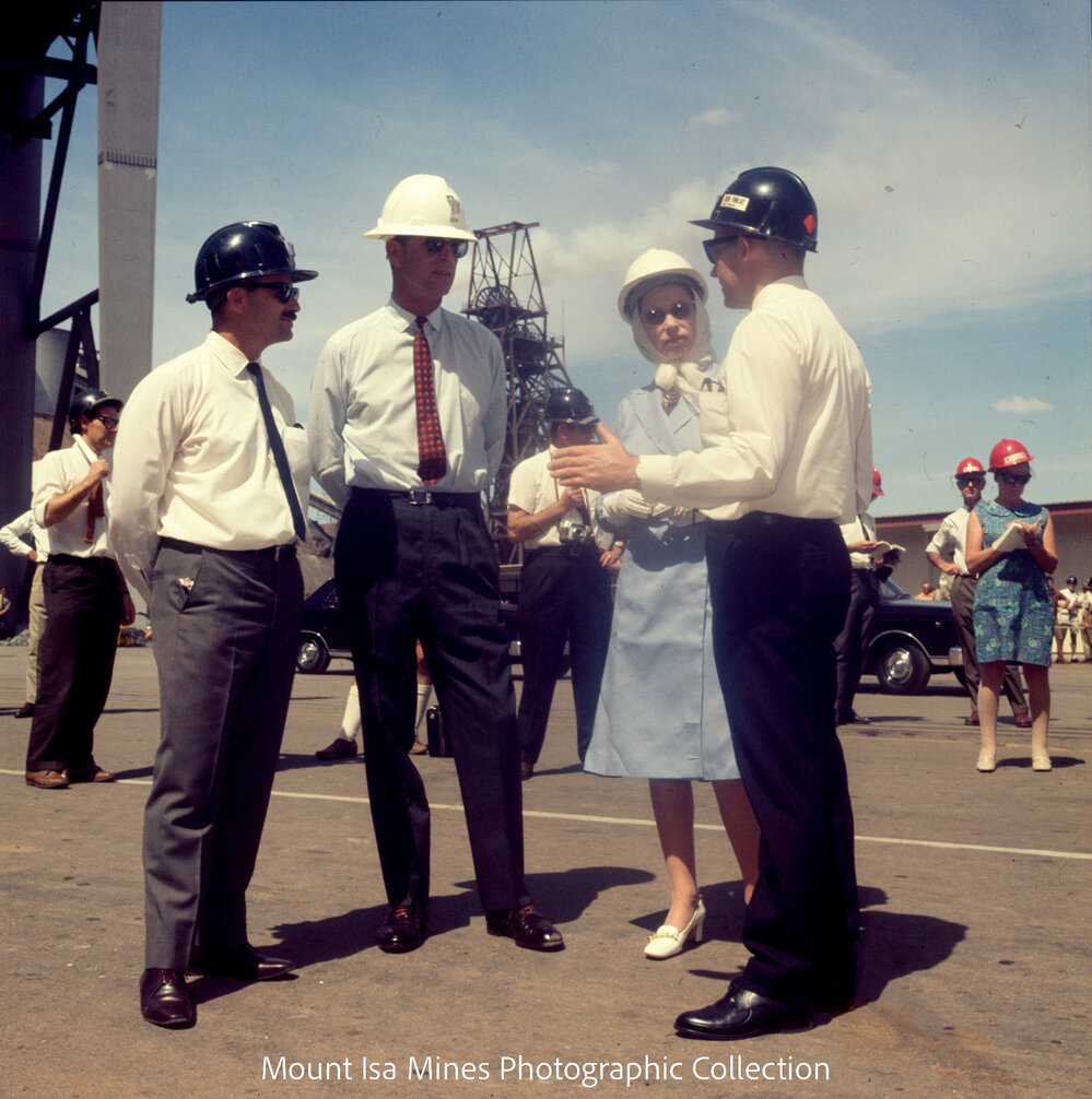 Queen Elizabeth II and Prince Philip at R62 Winder Tower base, Mount Isa Mines, April 1970