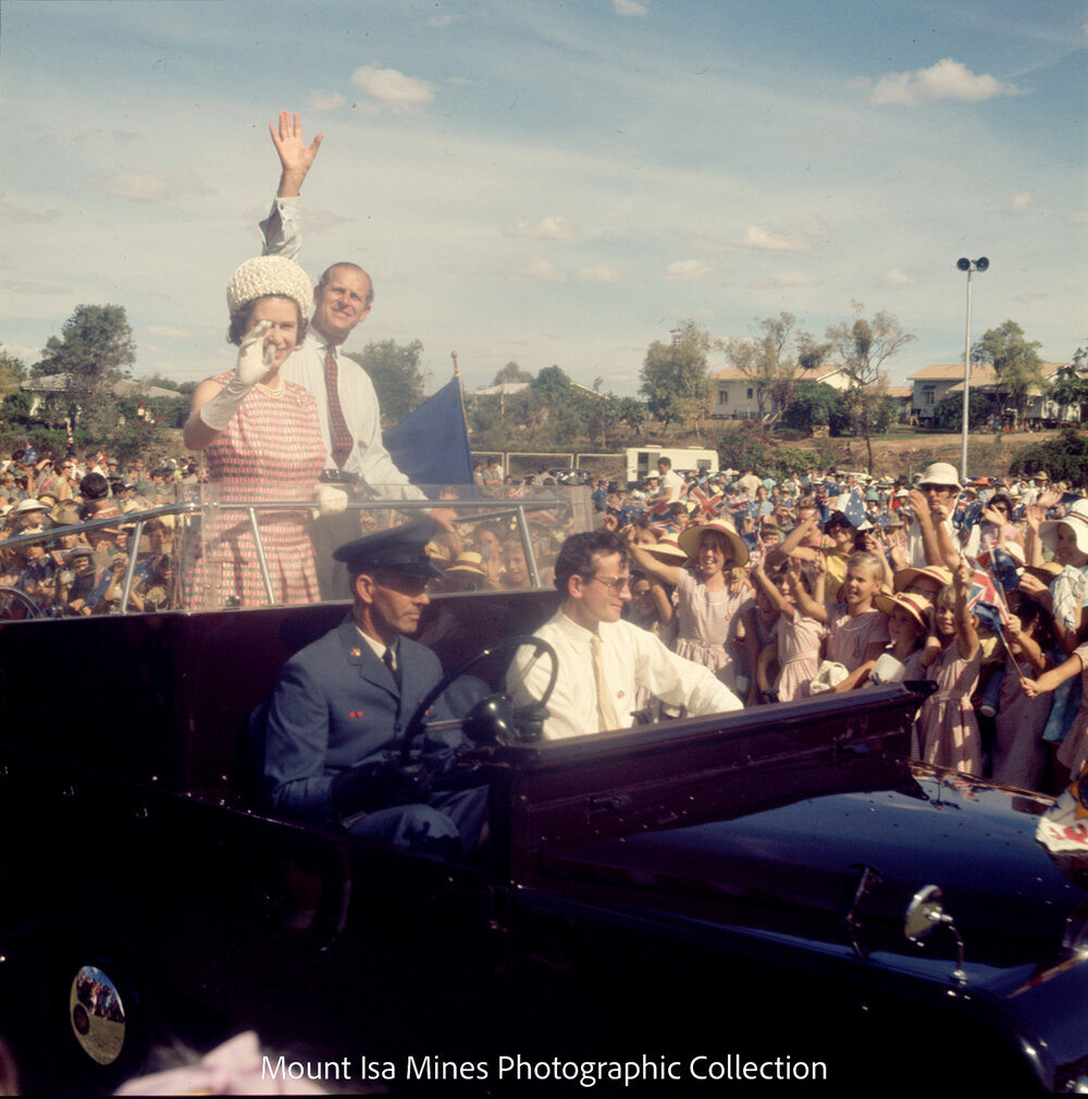 Queen Elizabeth II and Prince Philip greet students, April 1970
