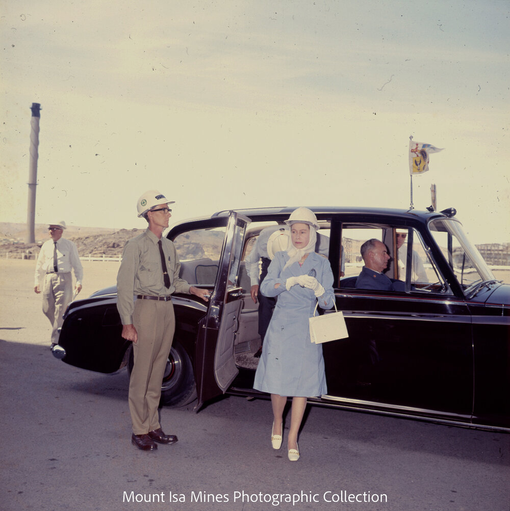Queen Elizabeth II and Prince Philip arrive No 2 Concentrator, Mount Isa Mines, April 1970
