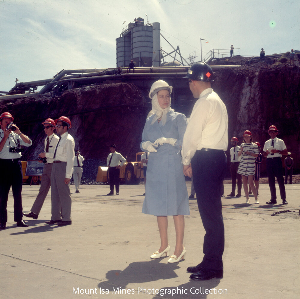 Queen Elizabeth II at R62 Marshalling Area, Mount Isa Mines, April 1970