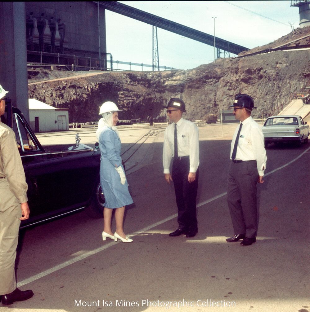Queen Elizabeth II arrives R62 Winder, Mount Isa Mines, April 1970