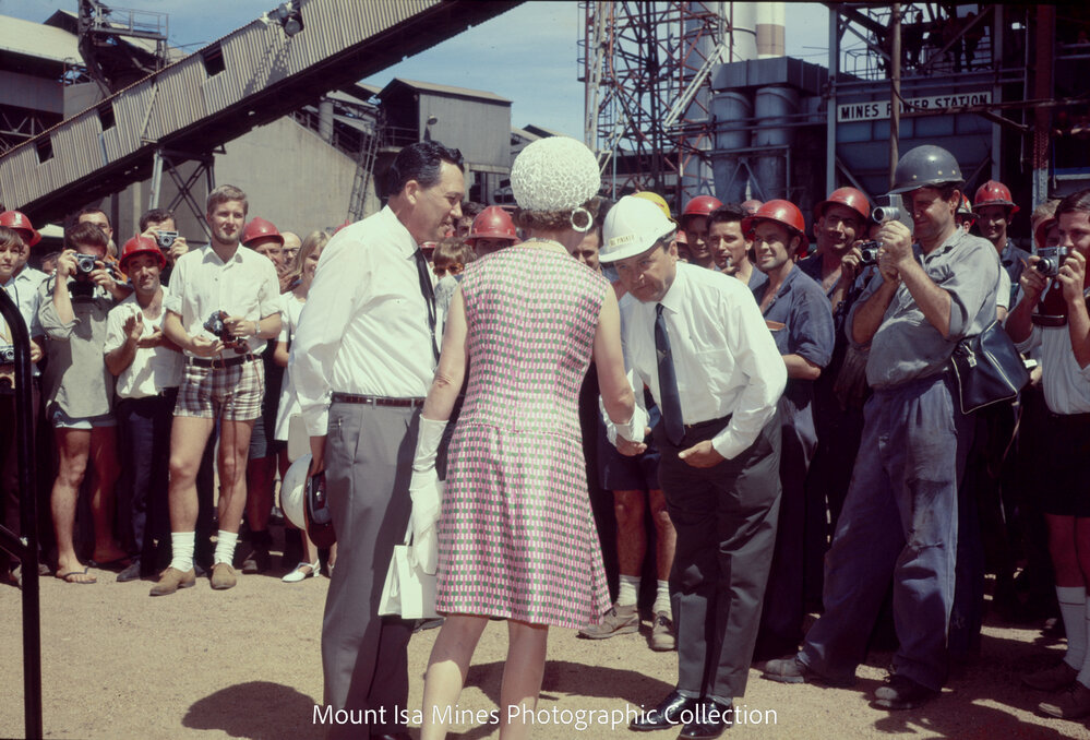 Queen Elizabeth II being greeted at Mines Power Station, Mount Isa Mines, April 1970
