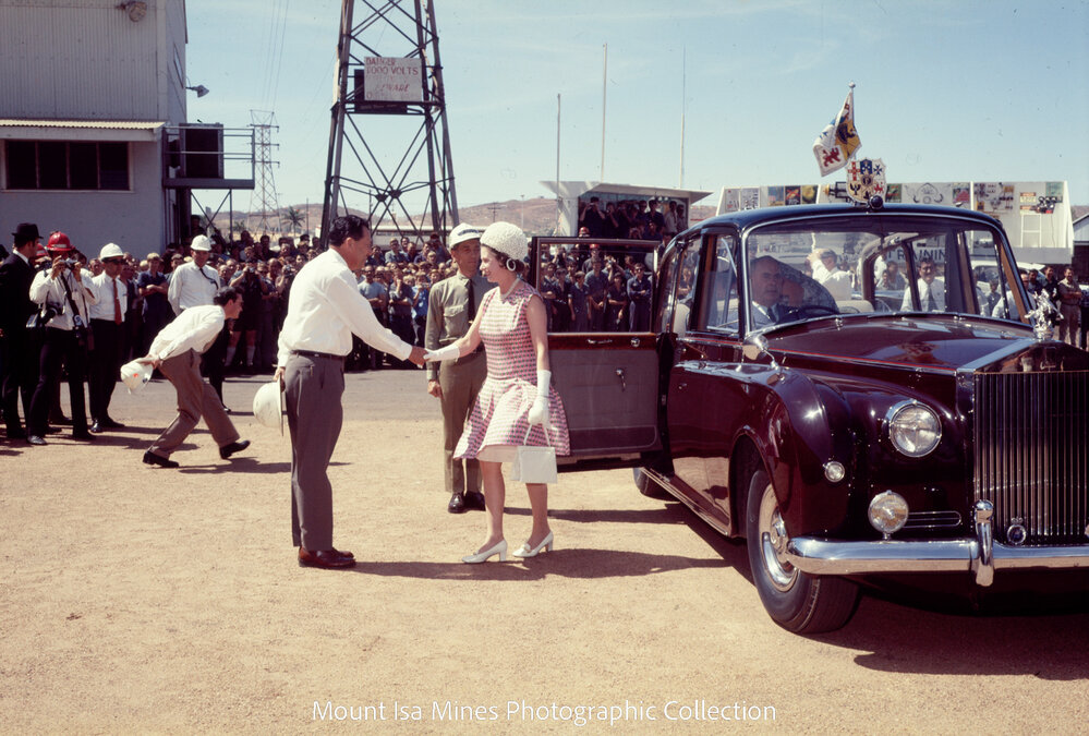 Queen Elizabeth II being greeted, Mount Isa Mines, April 1970