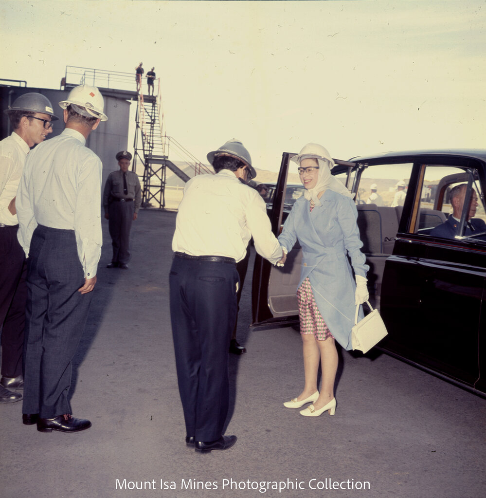 Queen Elizabeth II being greeted at No 2 Concentrator , Mount Isa Mines, April 1970