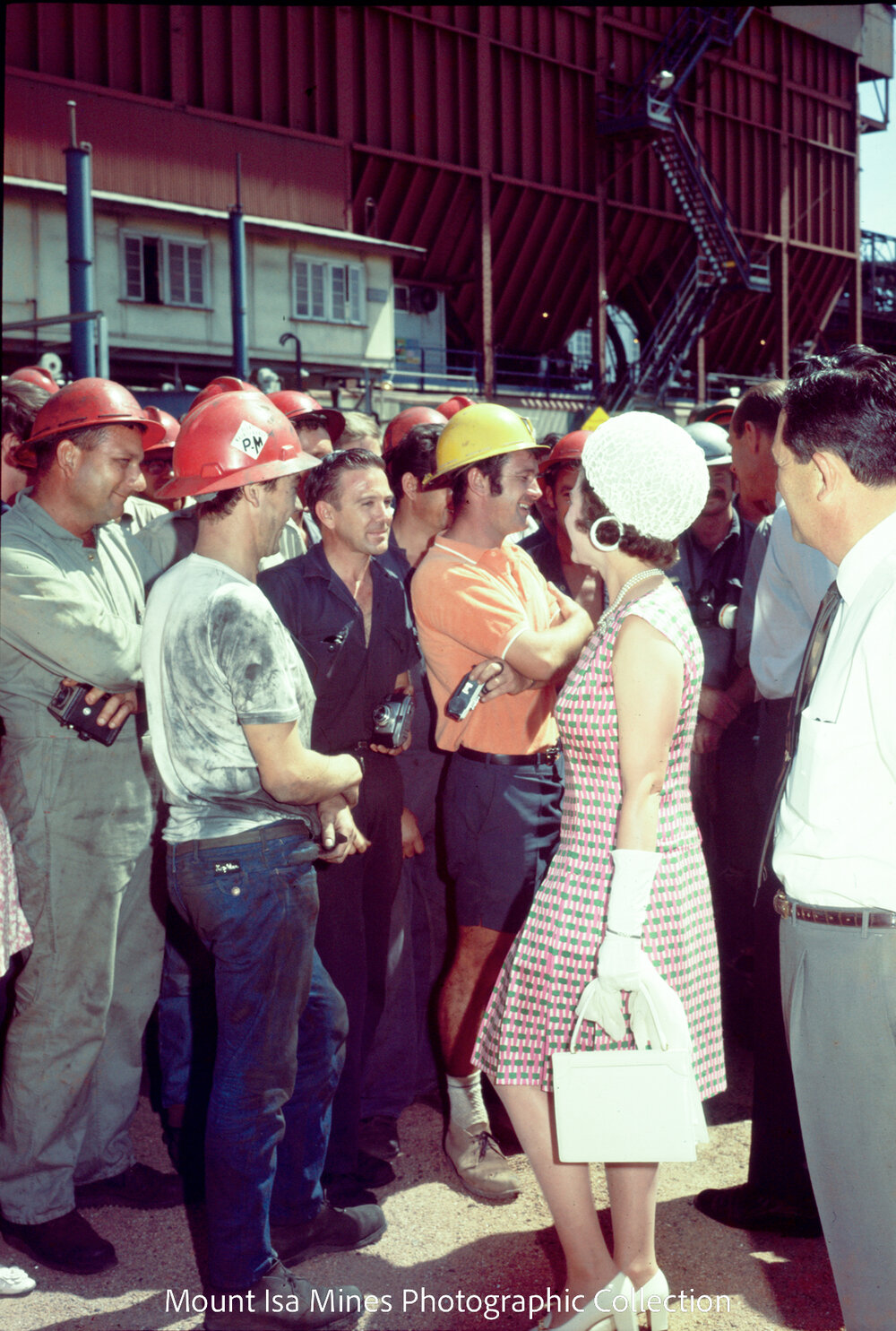 Queen Elizabeth II and Prince Philip talk to workers at Mines Power Station, Mount Isa Mines, April 1970