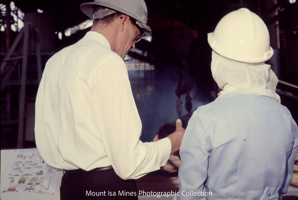 Queen Elizabeth II watches copper pour at the Copper Smelter, Mount Isa Mines, April 1970