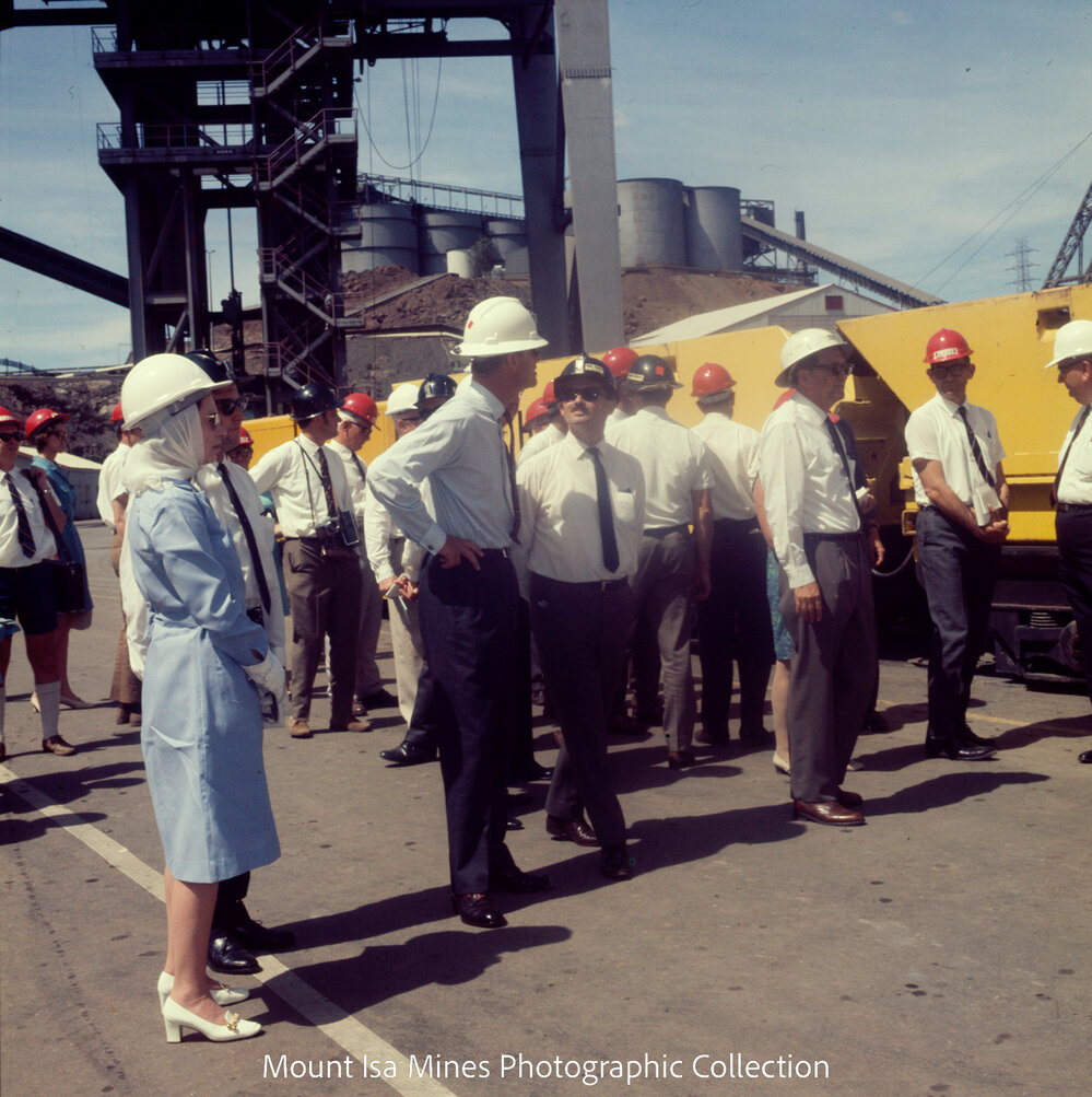 Queen Elizabeth II and Prince Philip at R62 surface, Mount Isa Mines, April 1970