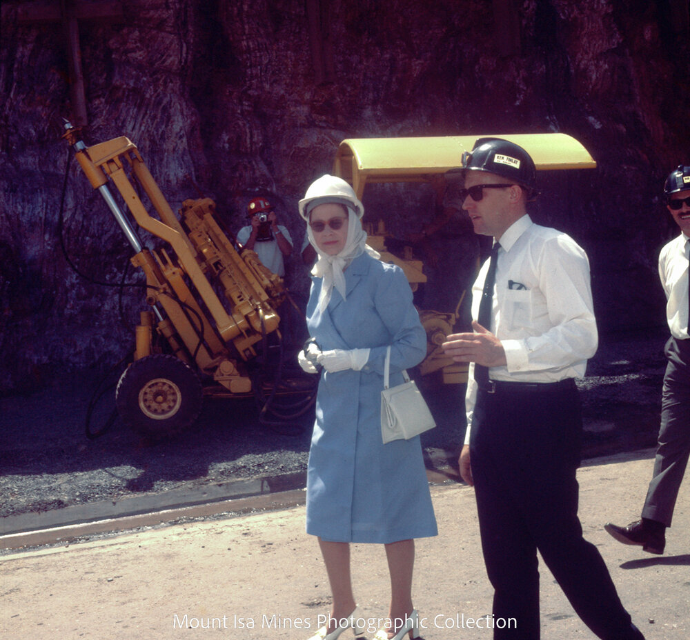 Queen Elizabeth II and Ken Finlay at R62 Marshalling Area, Mount Isa Mines, April 1970