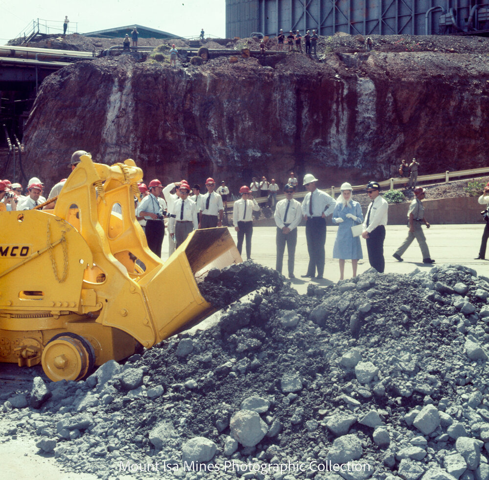 Queen Elizabeth II and Prince Philip at R62 Marshalling Area, Mount Isa Mines, April 1970