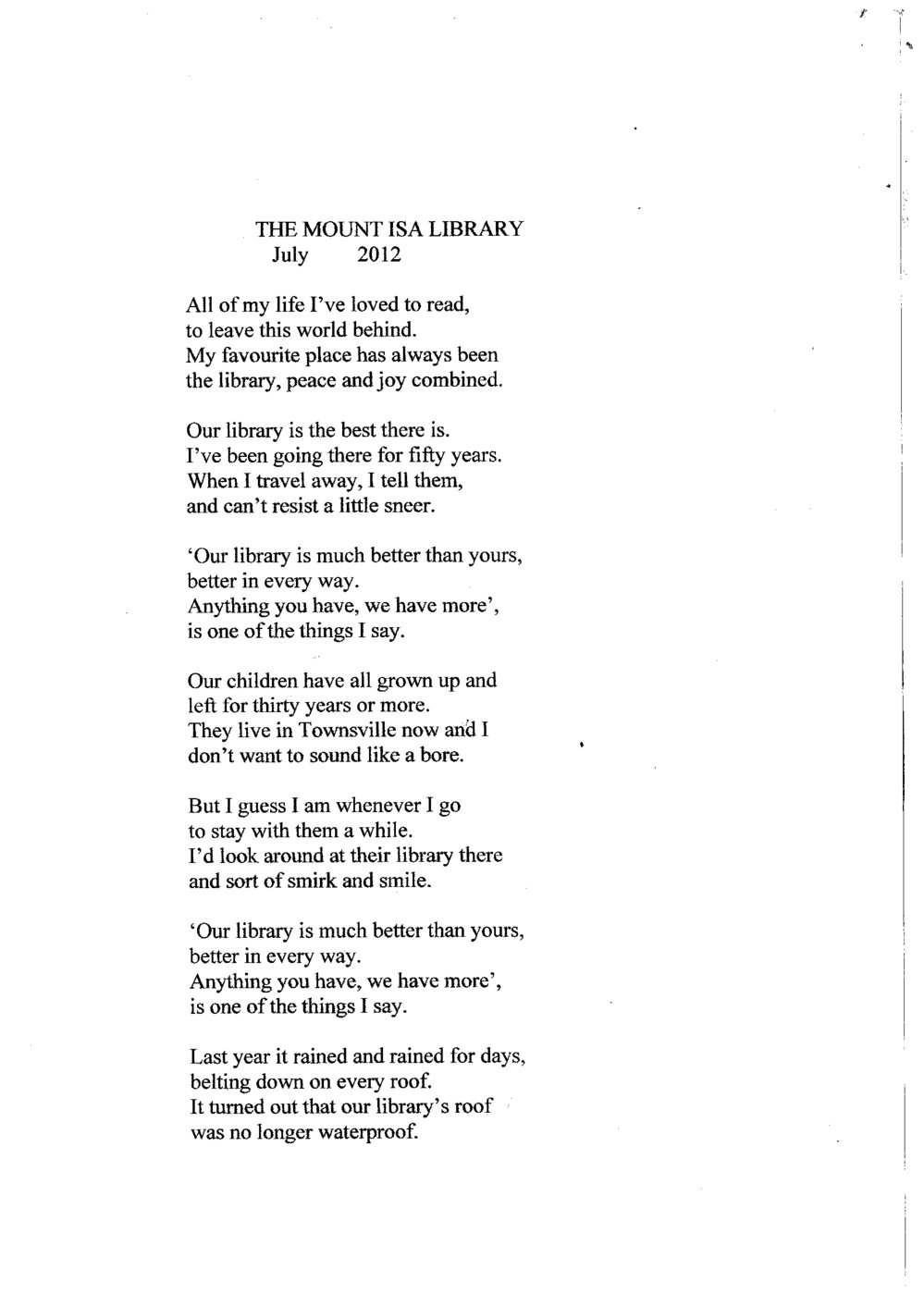 The Mount Isa Library poem, July 2012