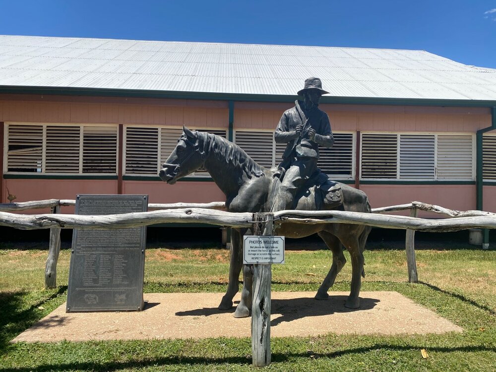 Statue of Sid Biondi at Camooweal Community Hall, Camooweal, December 2022