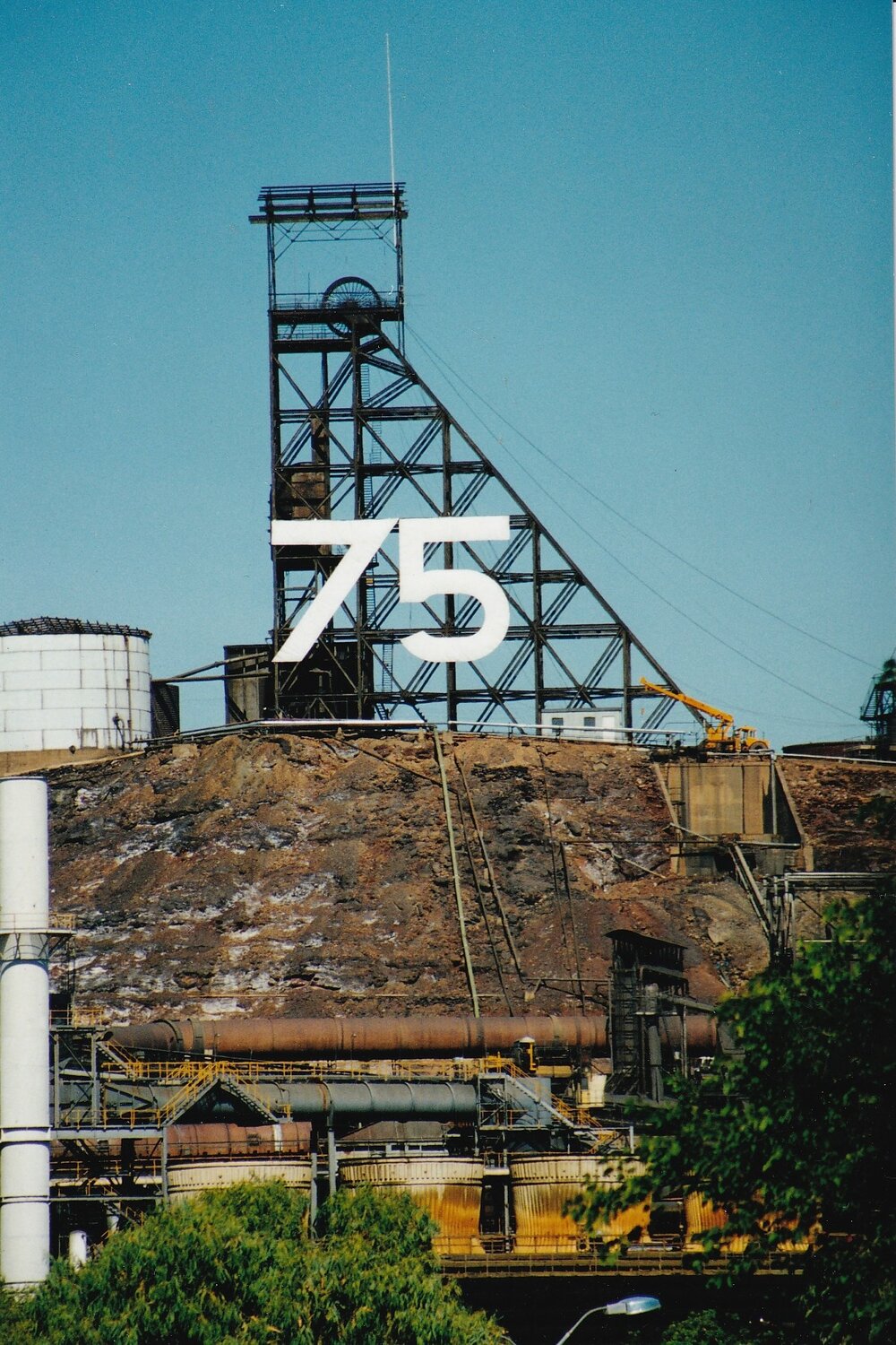 Urquhart shaft headframe decorated for 75th Celebration, February 1998