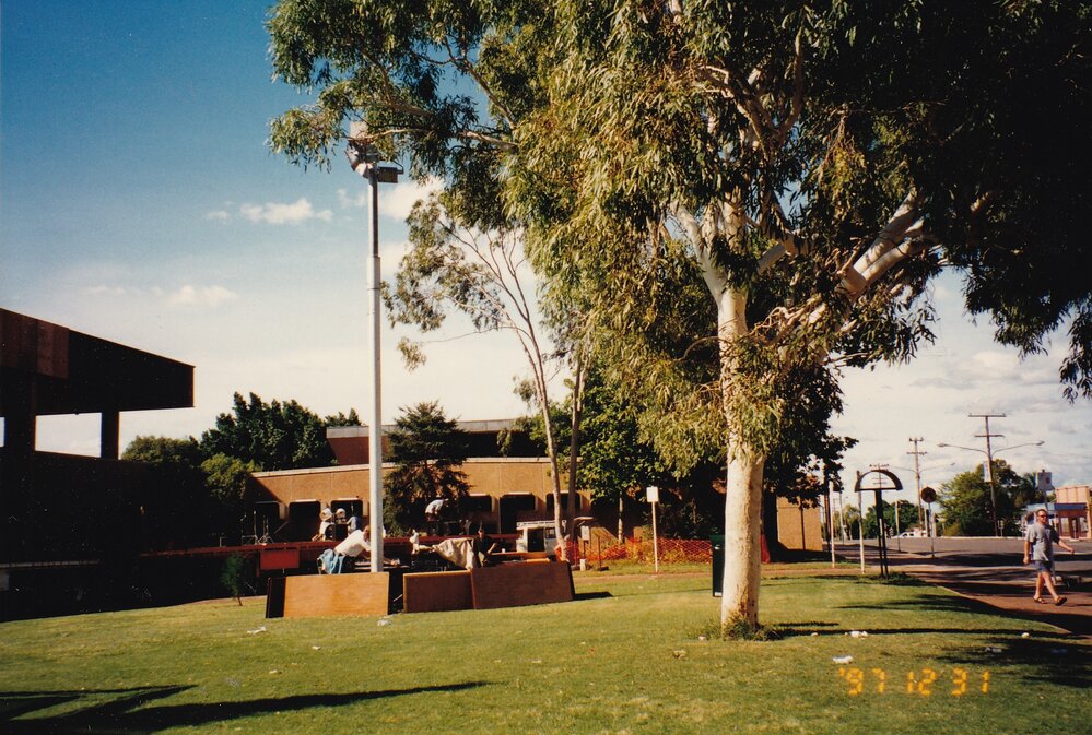 Civic Center lawn preparing for New Years celebrations, c.1997