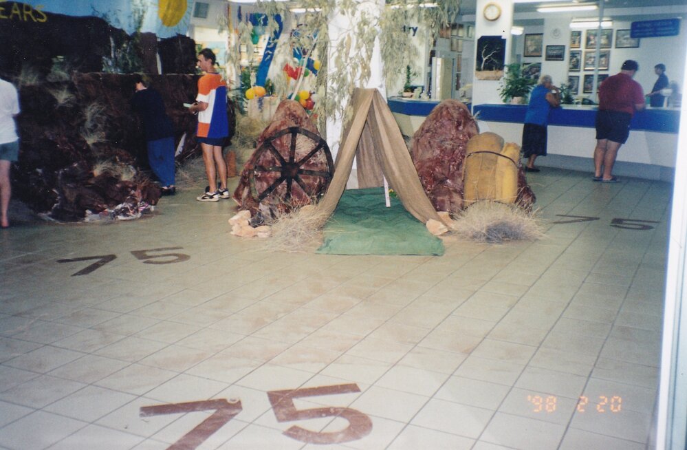 Queensland Country Credit Union building decorated for Mount Isa 75th celebration, February 1998