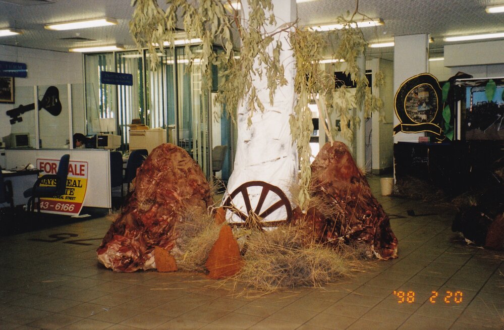 Queensland Country Credit Union building decorated for Mount Isa 75th celebration, February 1998
