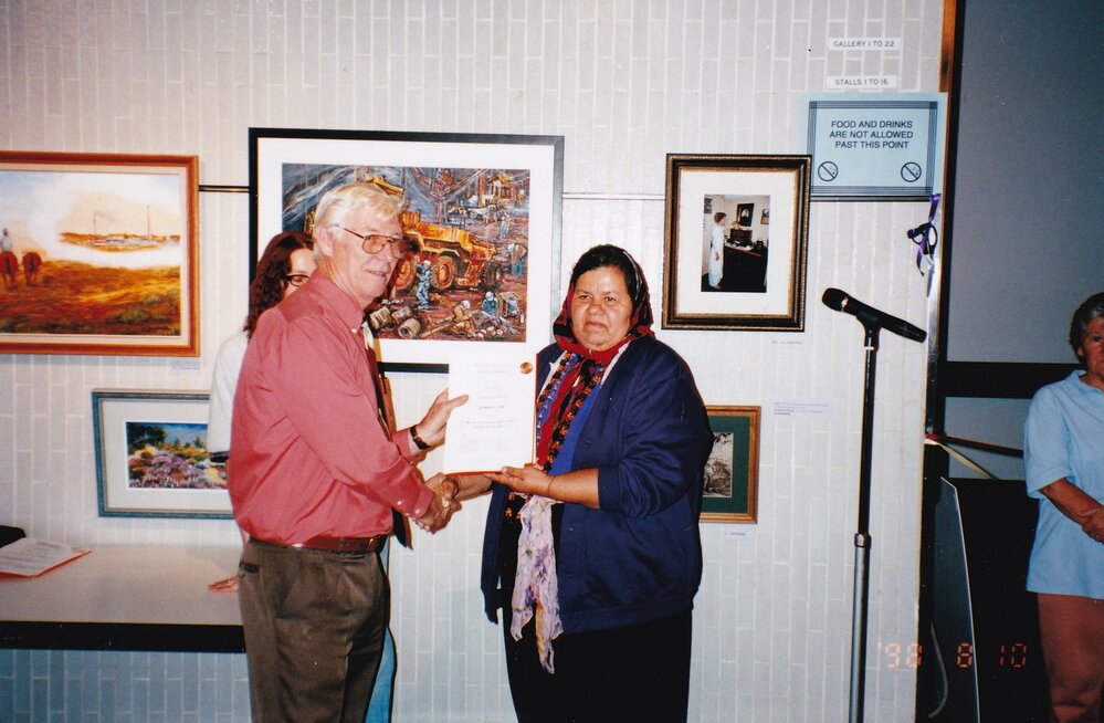 Presenting awards at 75th celebration art event, c.1998