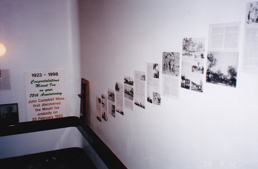 Civic Centre stairs with historical timeline for 75th celebration, c.1998