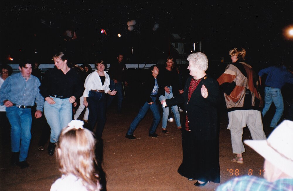 Partygoers dancing at Royal Flying Doctors event, c.1998