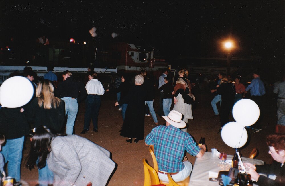 Partygoers dancing at Royal Flying Doctors event, c.1998