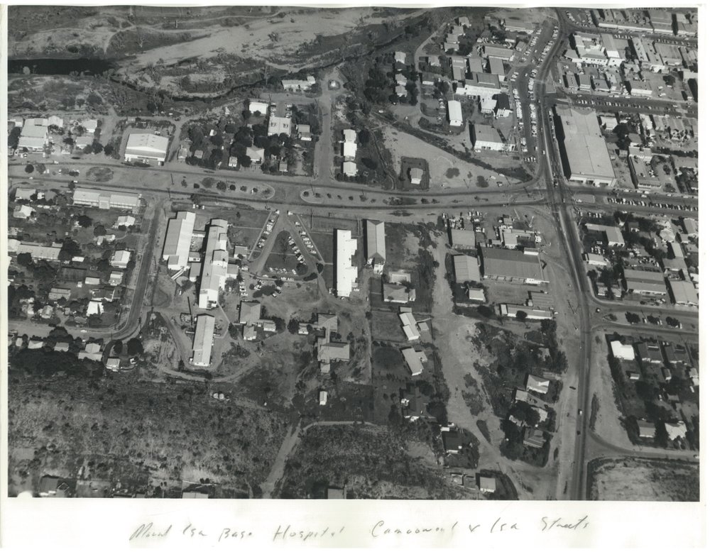Aerial view of Mornington and Mount Isa Base Hospital, February 1973