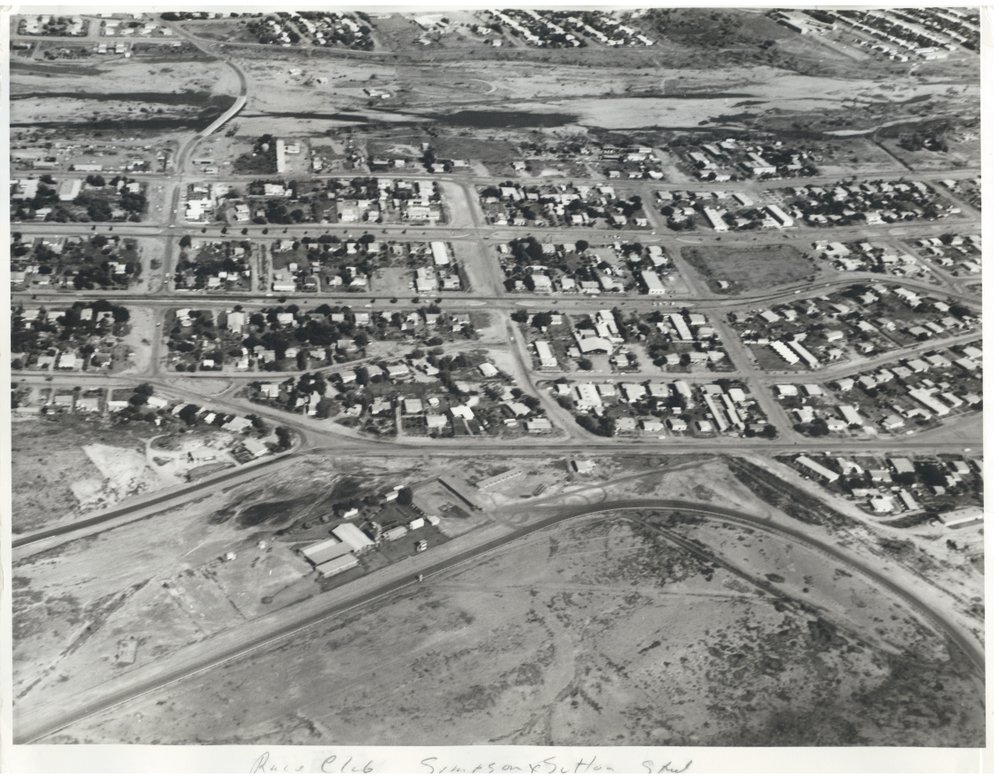 Aerial view of Menzies and race track, February 1973