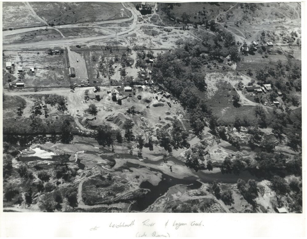 Aerial view of Healy, Spreadborough, Leichhardt River and Lagoon Creek, February 1973