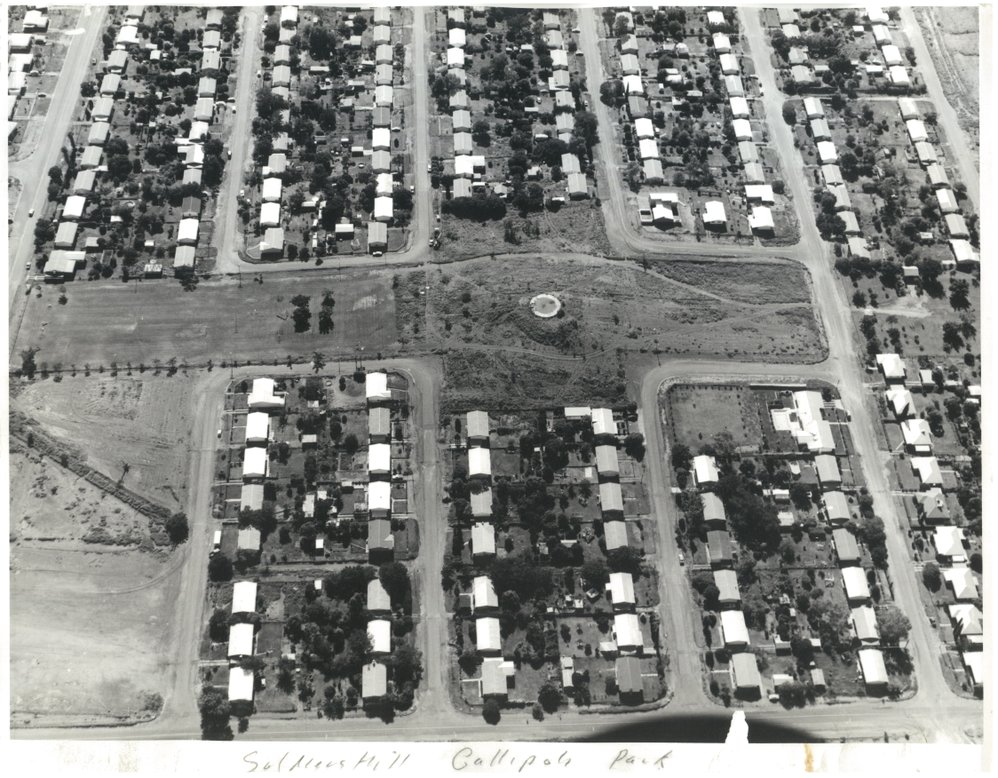 Aerial view of Soldiers Hill and Gallipoli Hill, February 1973
