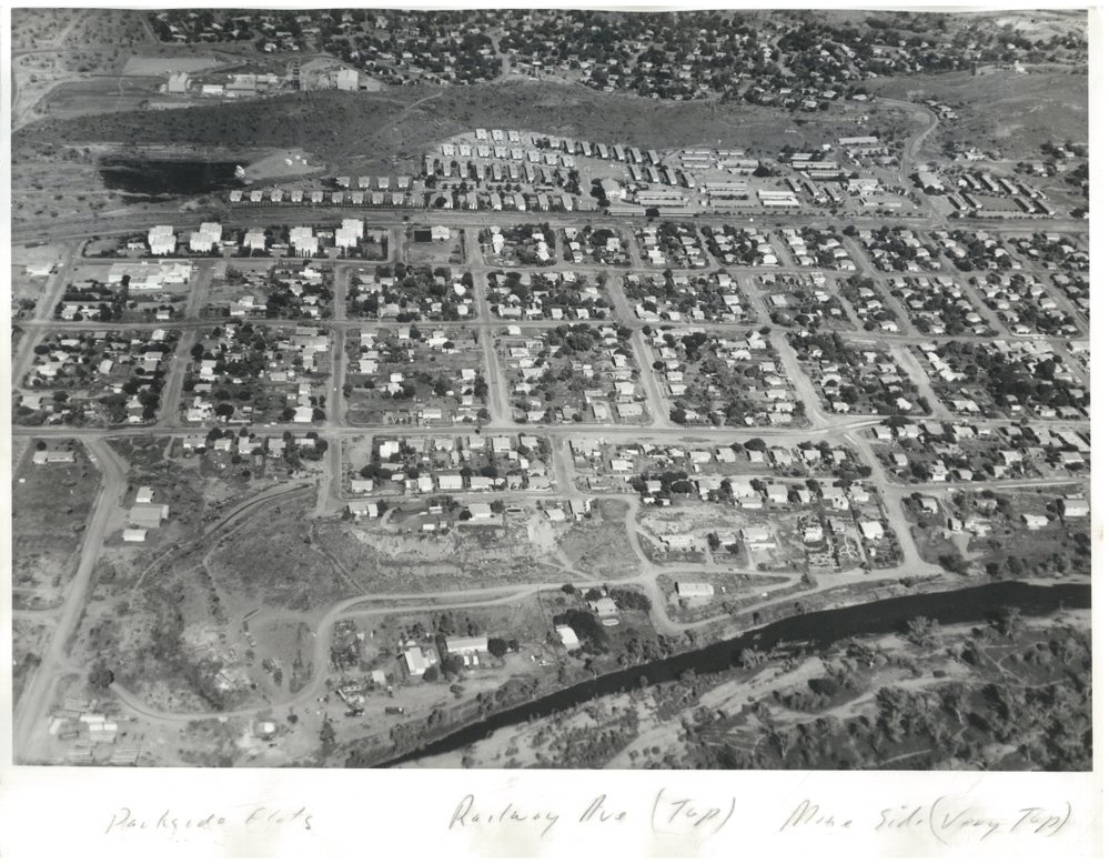 Aerial view of Parkside and Mineside, February 1973