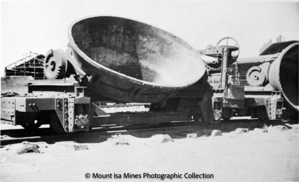 Rail mounted slag pots for the lead smelter, Mount Isa Mines, November 1963 