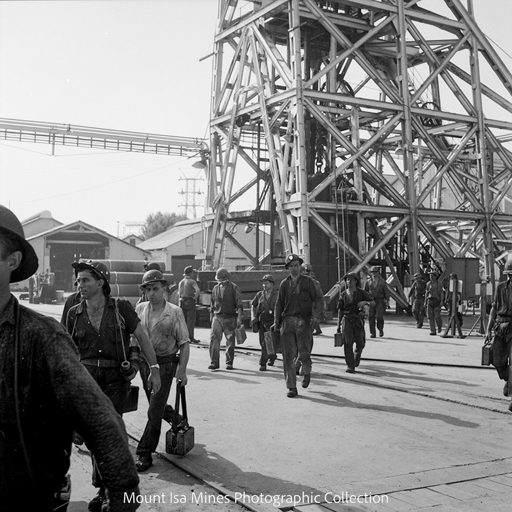 Coming off shift at Man &amp; Supply, Mount Isa Mines, April 1963
